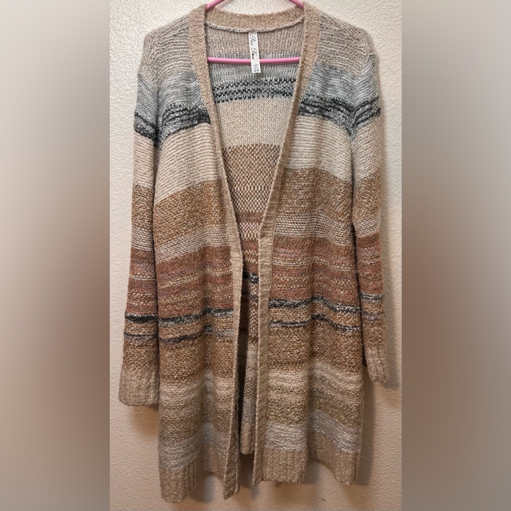 EUC Pina Rossi Multi-Colored Long Striped Cardigan size 2X Tan/Pink/Gray/Brown